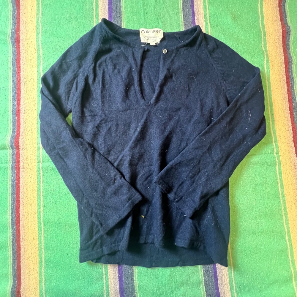 Calvin Klein Sweater Women M Navy Blue 100% Cashmere Split Neck Vintage Pullover